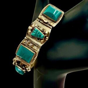 Vintage Mexican Alpaca Blueish Green Stone Panel Bracelet Southwestern Boho